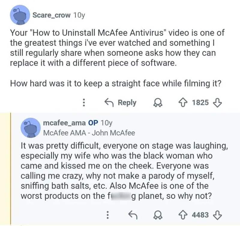 Screenshot of Reddit comments discussing uninstalling McAfee Antivirus.