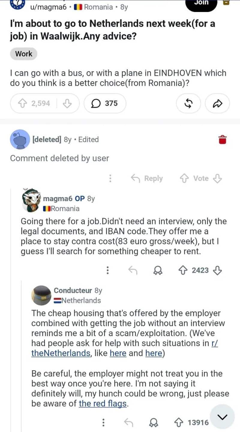 User asks about Netherlands' next week job options, Romania and Netherlands comments.