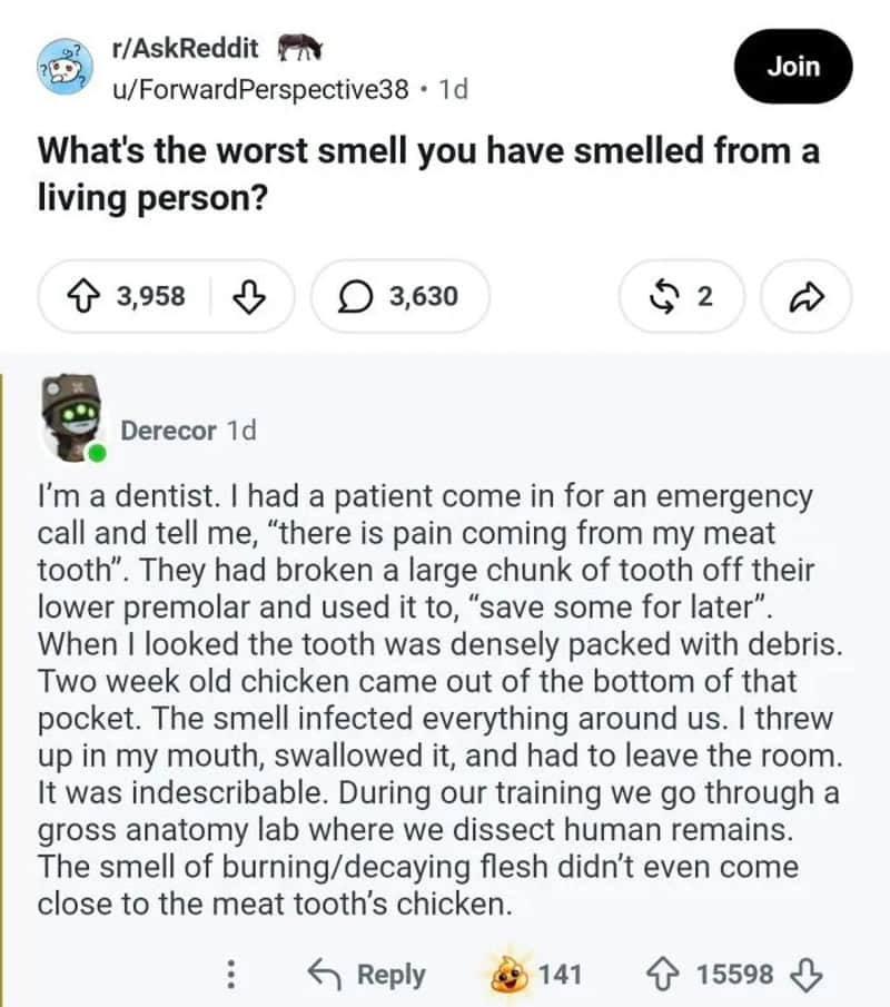 A Reddit post asking about the worst smell from a living person, with a detailed story about a bad-.