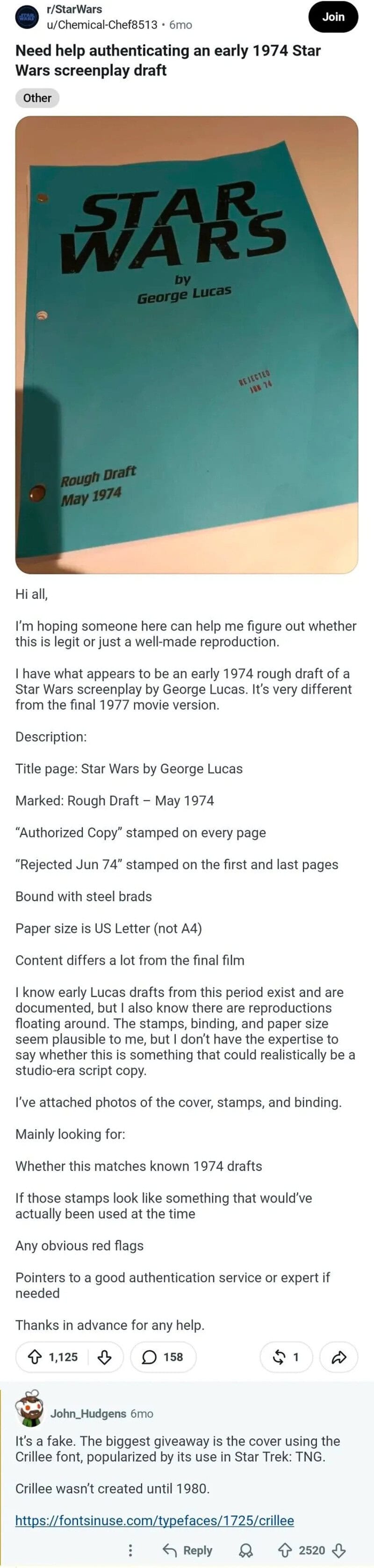 Star Wars screenplay draft from 1974 with handwritten notes and revisions.