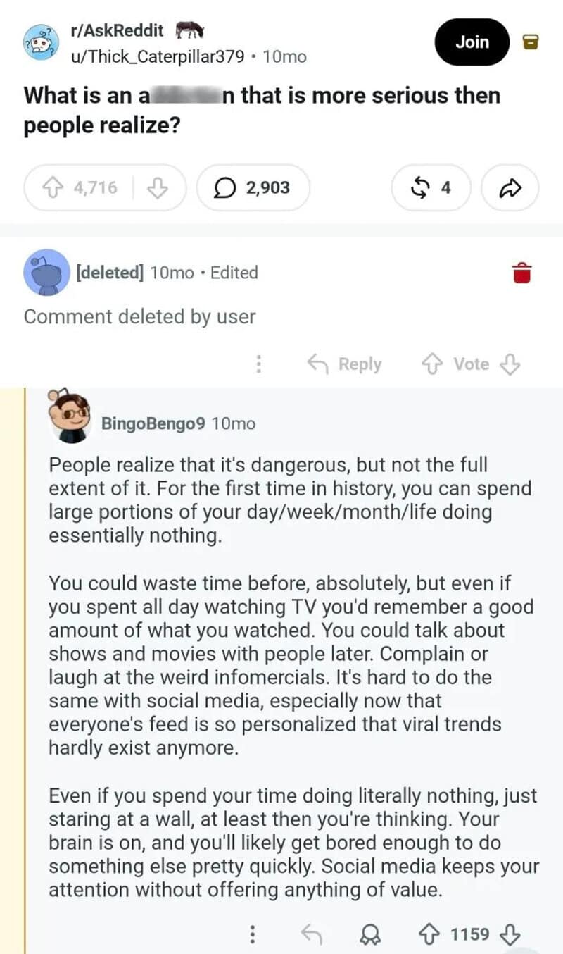 Reddit comment discussing the importance of entertainment and social media.