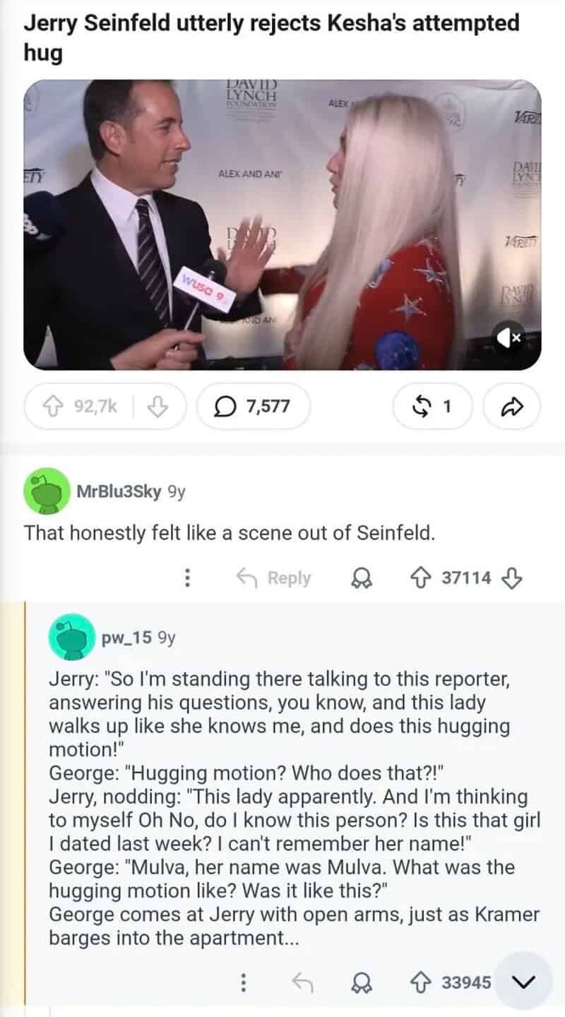 Jerry Seinfeld rejects Kesha's attempted hug at event.