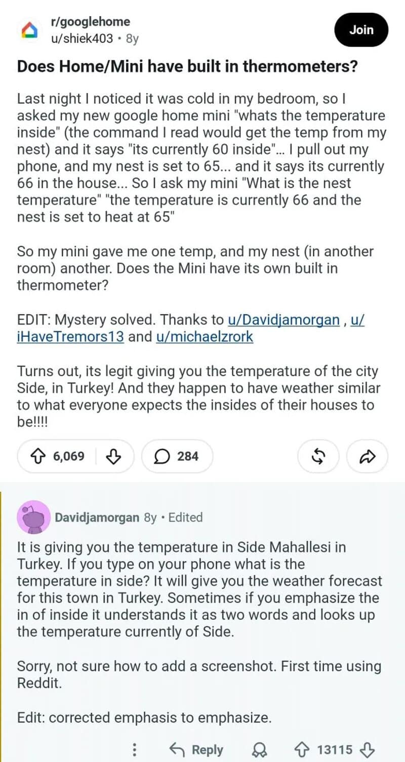Reddit post discussing home/mini thermometers and temperature readings in Turkey.