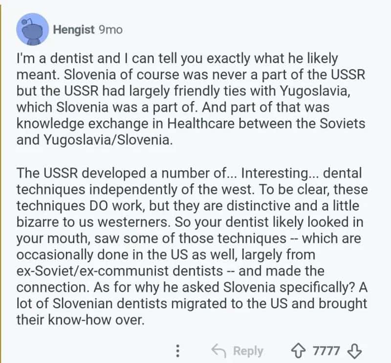 A Reddit comment discussing Slovenian history and dentistry, mentioning USSR and healthcare exchange.