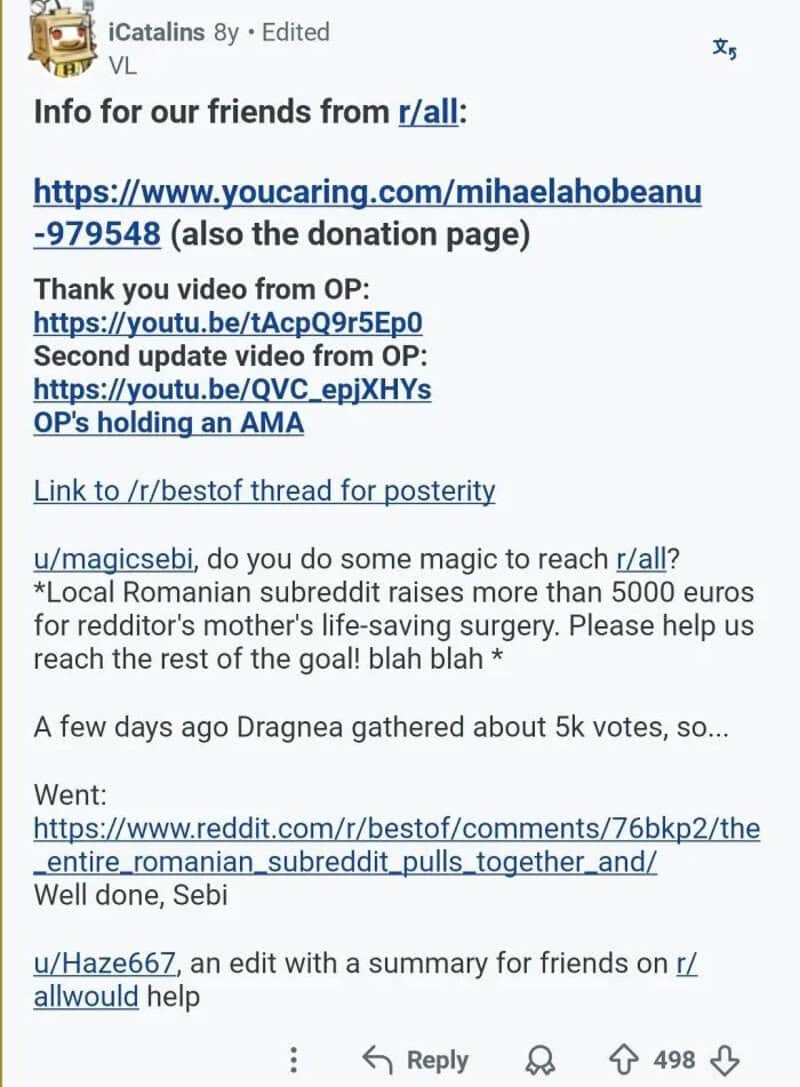 Screenshot of a Reddit post thanking supporters and sharing links for charity and updates.
