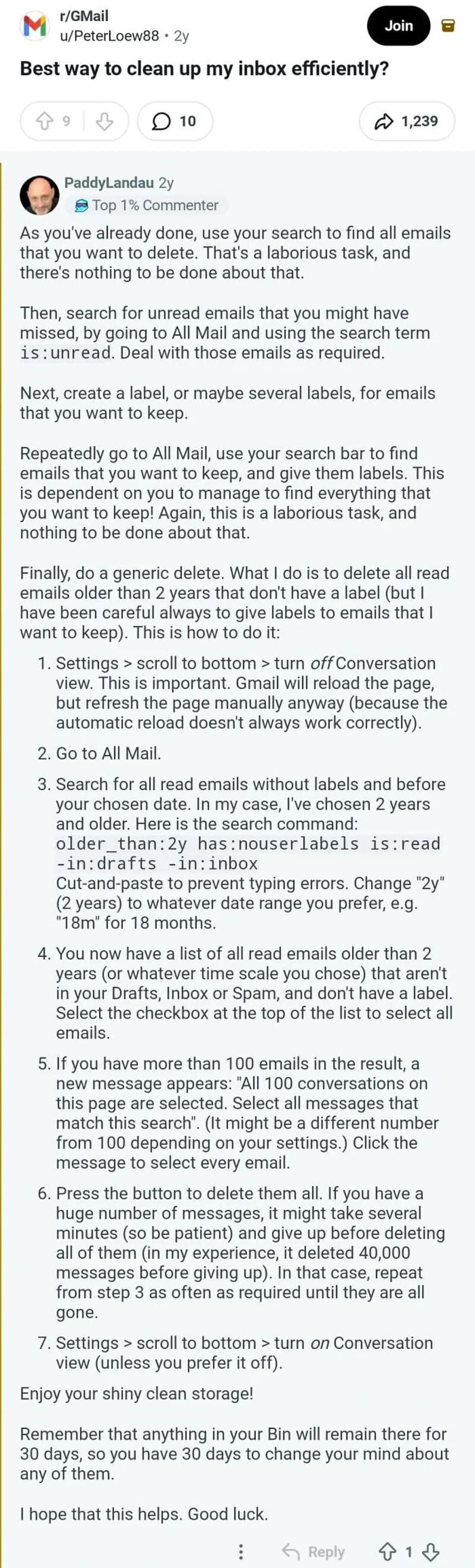 Screenshot of a Reddit comment about cleaning up inbox efficiently.