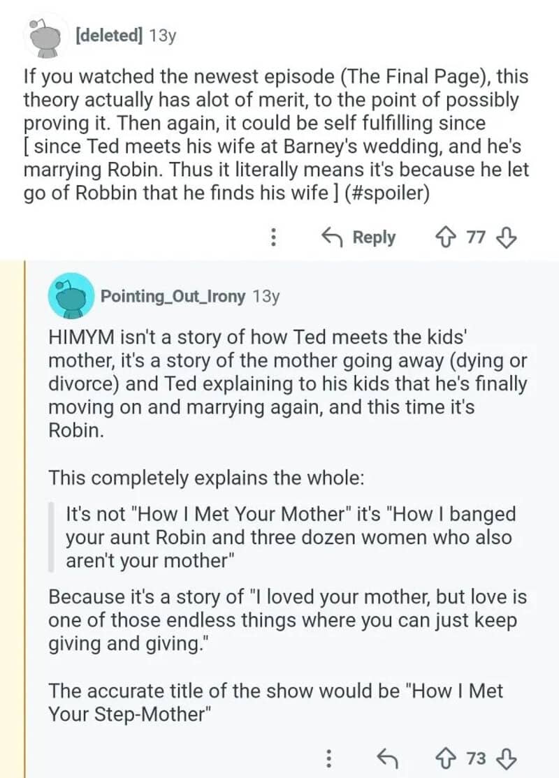 Reddit comments discussing a theory about Robin and Ted's relationship.