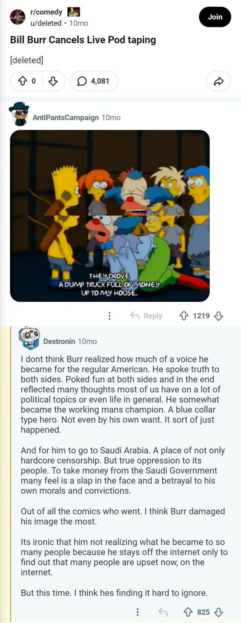 Bill Burr cancels live pod taping, meme shows Simpsons characters reacting.