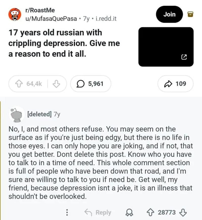 Reddit post about a 17-year-old Russian with depression, with a reply about mental health.