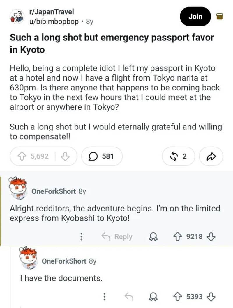 A Reddit post about a long shot emergency passport in Kyoto, with comments.