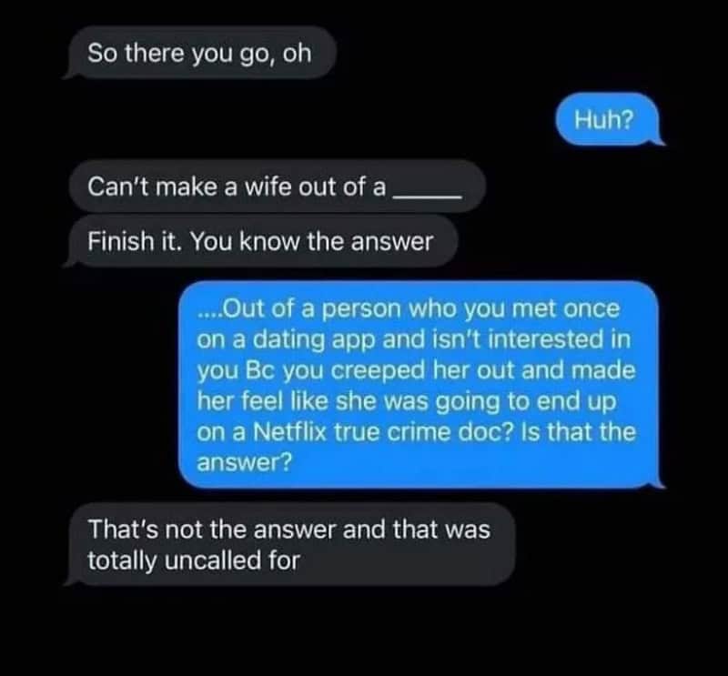 Text conversation about a creepy man and a woman on a dating app.