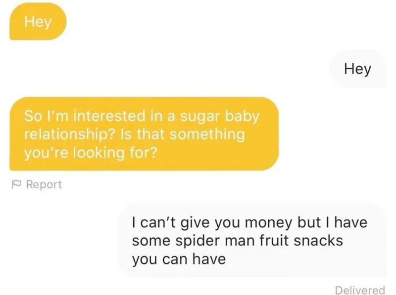 Text conversation about a sugar baby relationship and spider man fruit snacks.