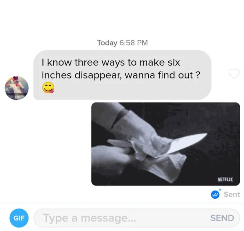 Text message and image of a hand holding a knife with a cloth, from a chat conversation.