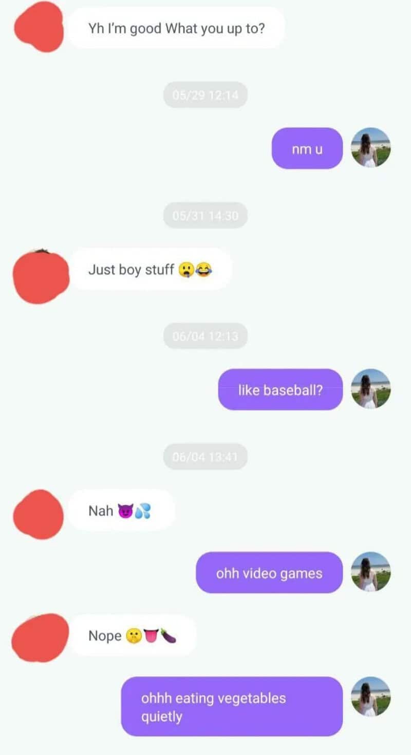 Conversation between two people about hobbies and eating vegetables quietly.