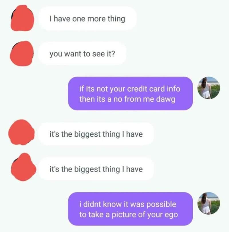 Text conversation about credit card info and ego, with red and purple message bubbles.