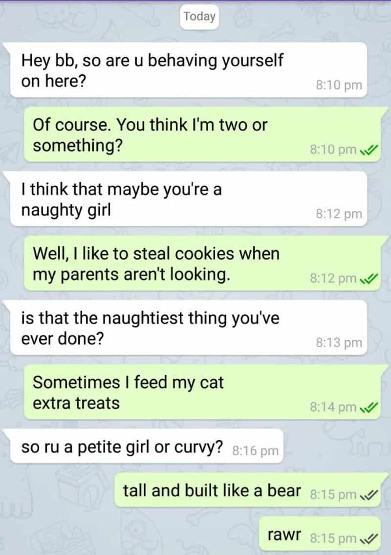 WhatsApp conversation about behavior, cookies, and physical traits.