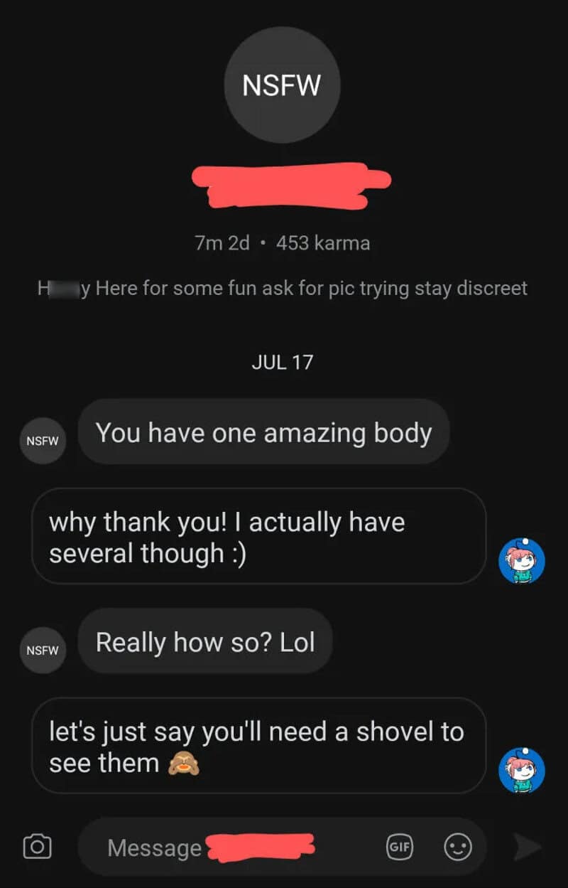 Screenshot of a chat conversation with NSFW labels and humorous comments.