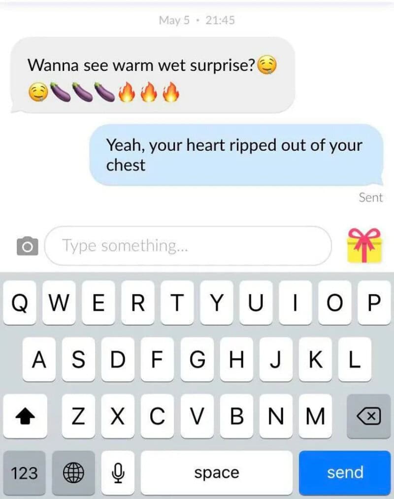 Text conversation about a warm wet surprise with eggplant and fire emojis.