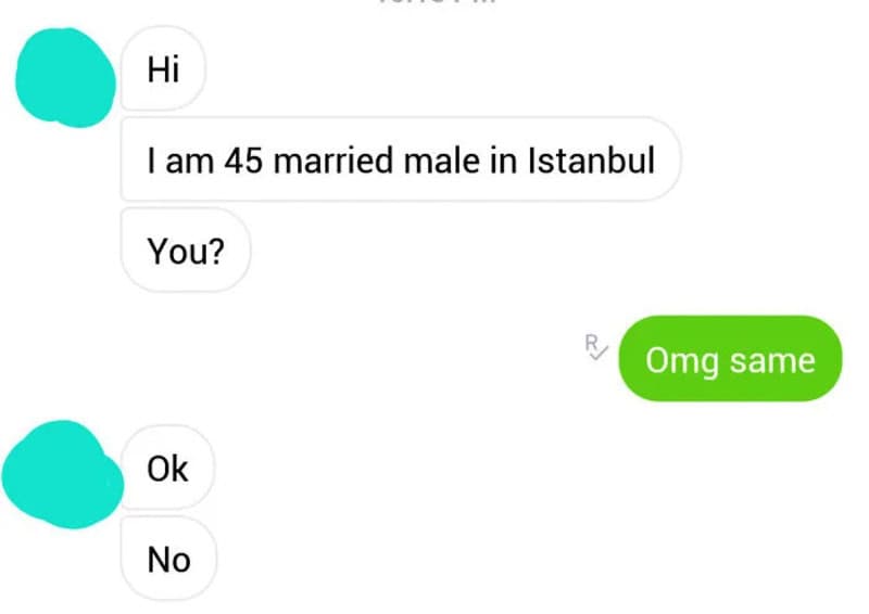Text conversation showing a man and woman exchanging messages about being married in Istanbul.