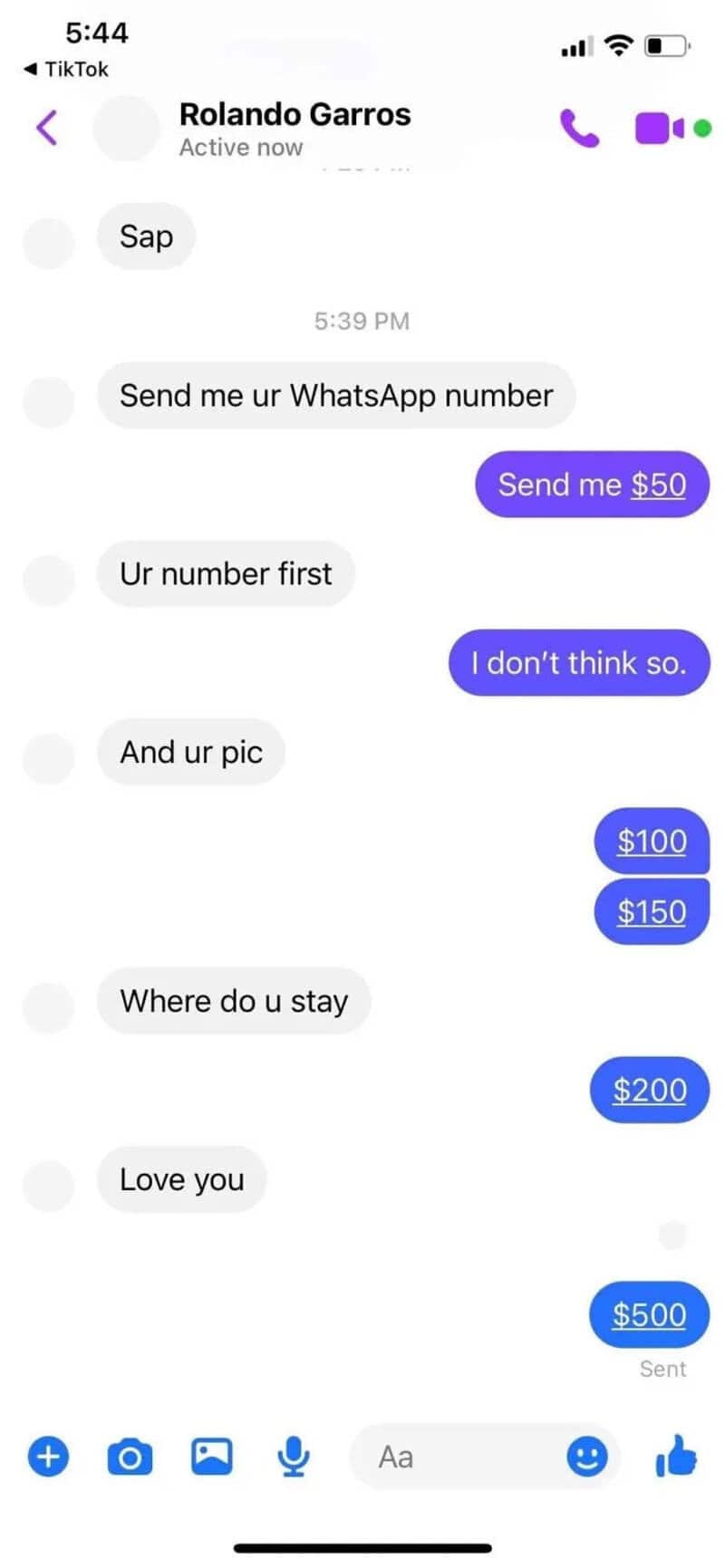 Screenshot of a chat conversation with messages about money and personal details.