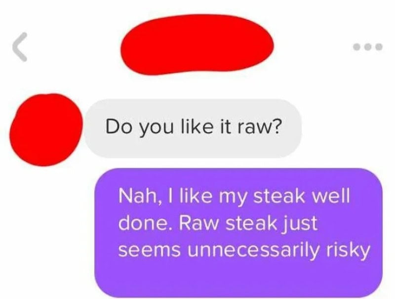 Text conversation about raw steak preferences.