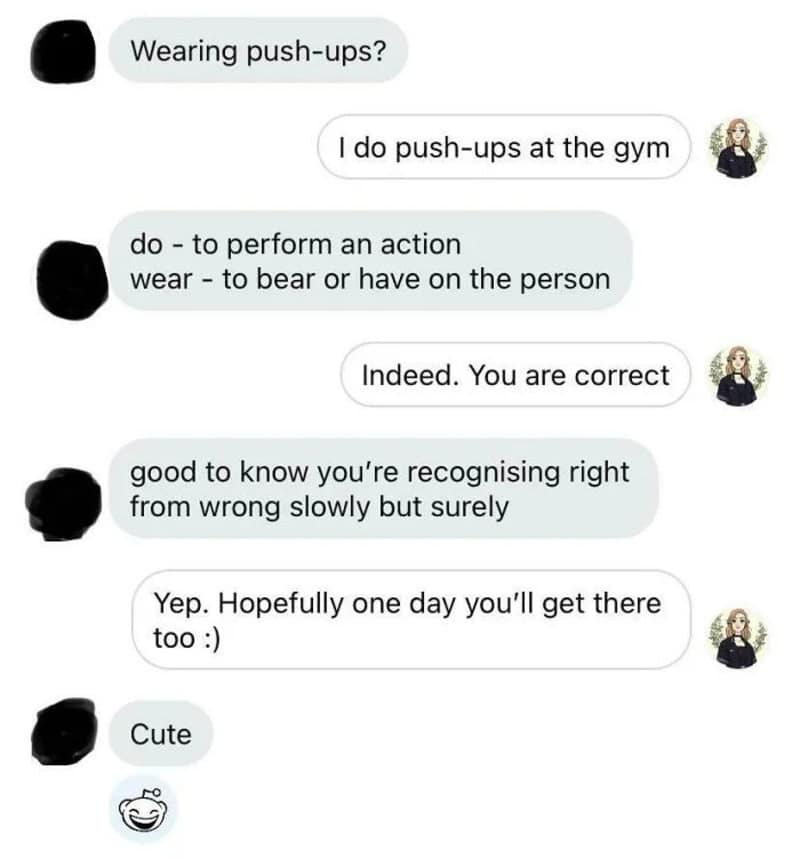 Text conversation about push-ups and recognition, with a cute emoji.