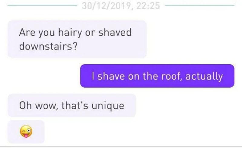 Text conversation about hair, with a humorous reply about shaving on the roof.