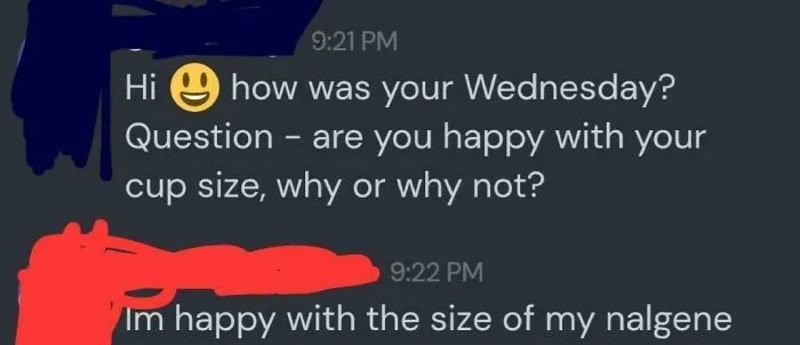 Text conversation about cup size and happiness with a woman and a man.