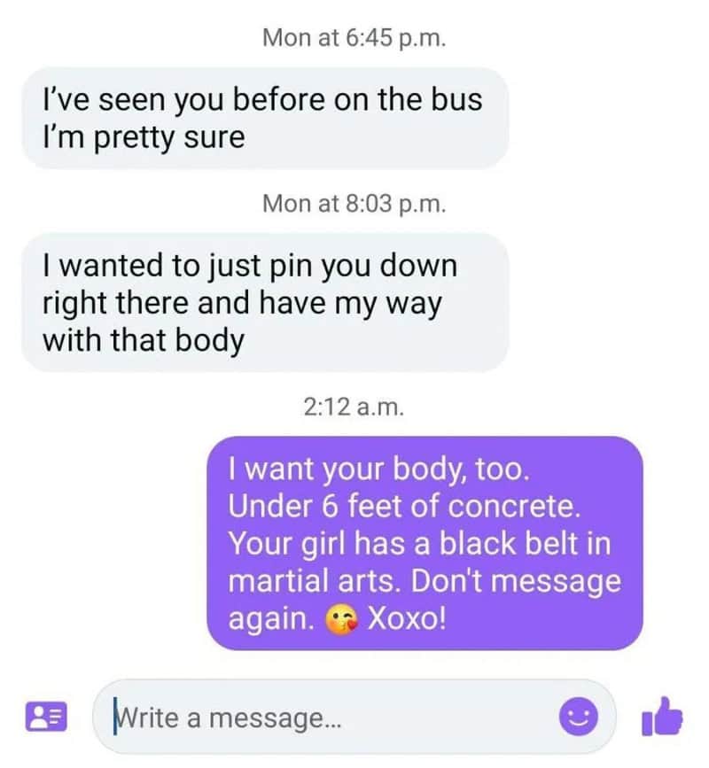 Screenshot of a text conversation with inappropriate messages and a warning about a black belt in a.