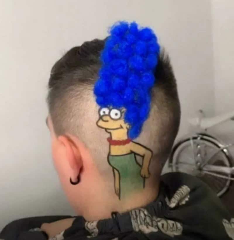 Person with a cartoon tattoo of Marge Simpson on the back of their head.