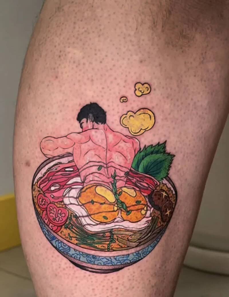 Tattoo of a person with a bowl of ramen, eggs, and vegetables.