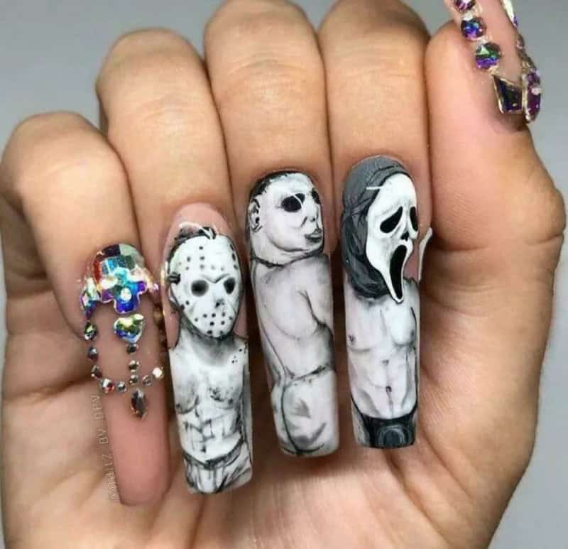 Nail art with horror movie masks: Jason, Michael Myers, Ghostface, and Scream.