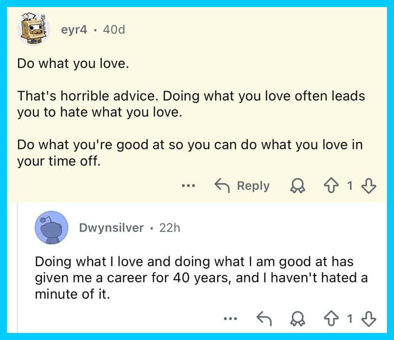 Social media comments about doing what you love and career success.