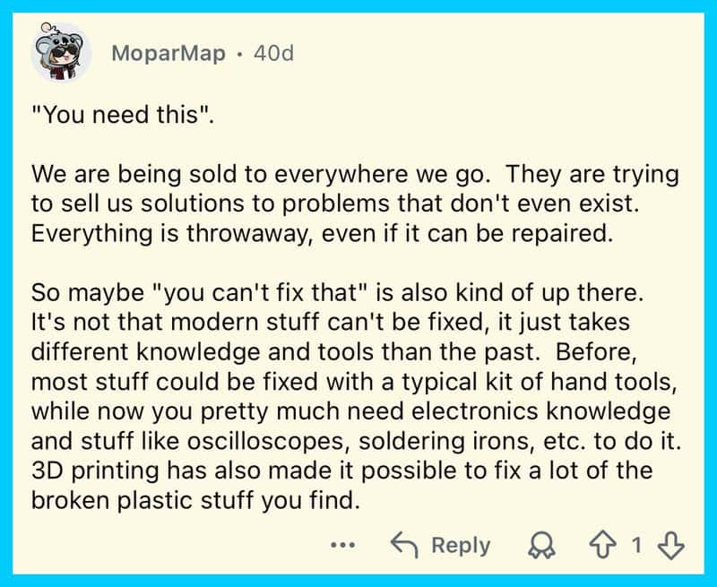 Quote about society's lies and solutions to problems, mentioning technology and repair.