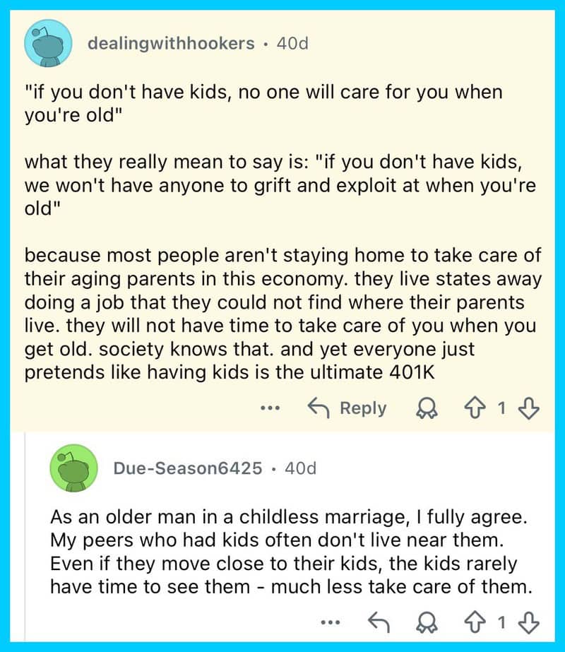 Quote about societal lies on parenting and aging, with comments from two users.