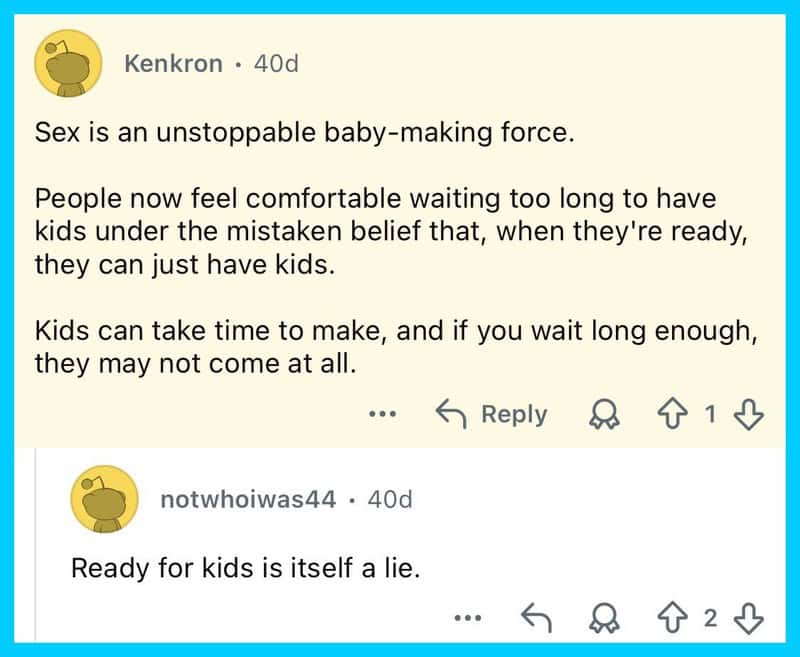Social media comments discussing the myth of waiting to have kids.