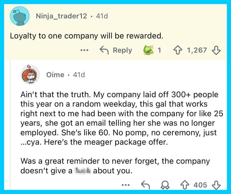 Screenshot of a social media comment discussing company loyalty and layoffs.