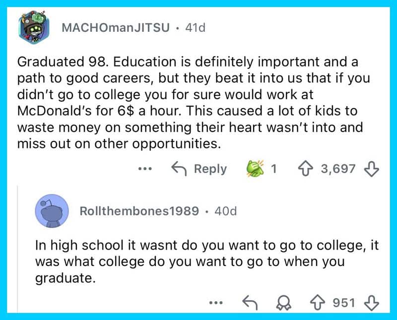 Discussion about education, careers, and societal lies in a social media comment section.