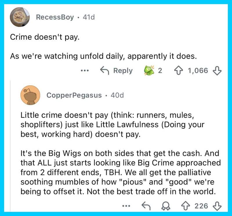 Screenshot of social media comments discussing crime and society's lies.