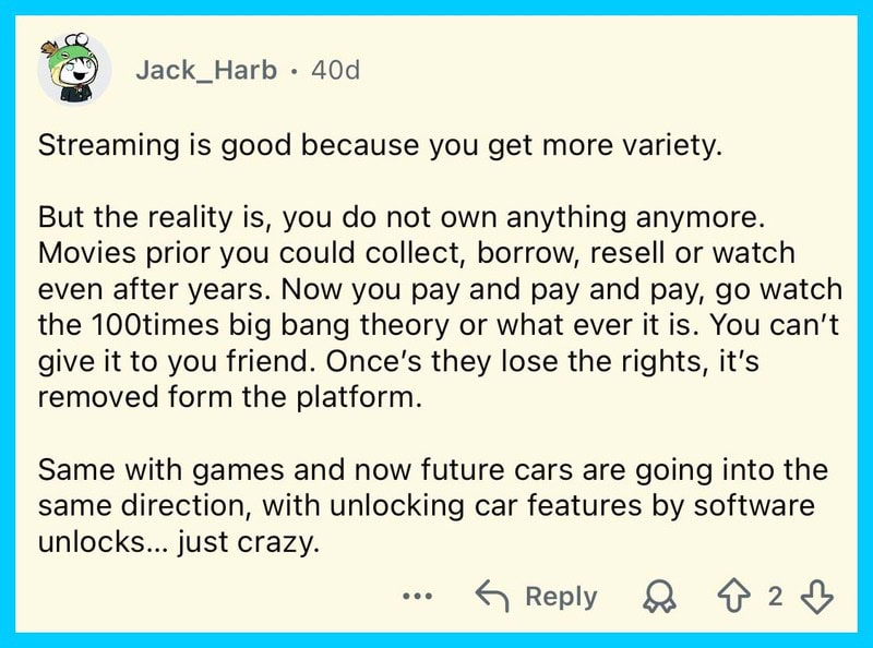 User discusses streaming, movies, games, and future cars in a comment.