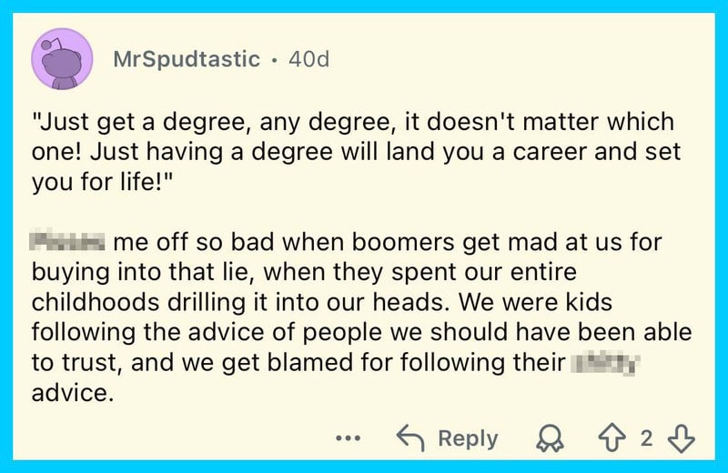 Quote about degrees and societal lies, with a comment on trust and blame.