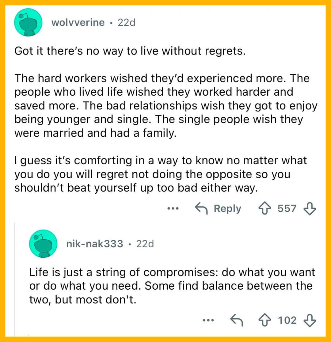 Discussion on regrets and life balance, emphasizing doing what you want and avoiding regrets.