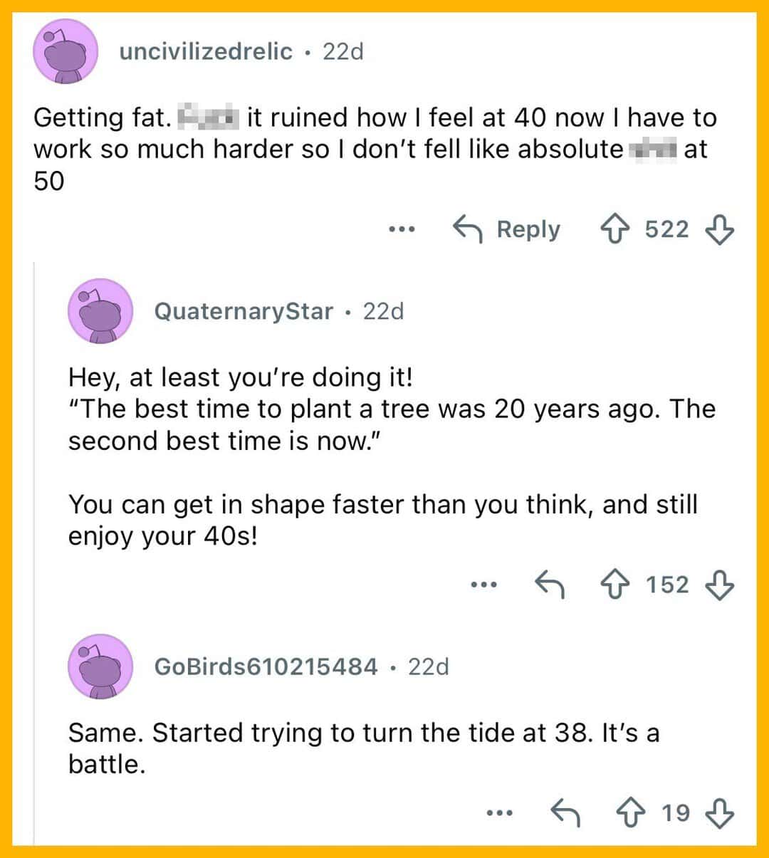 Comments about weight gain and fitness struggles after 40 on social media.