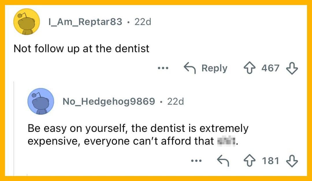 Screenshot of a Reddit comment thread about dental care and regrets.