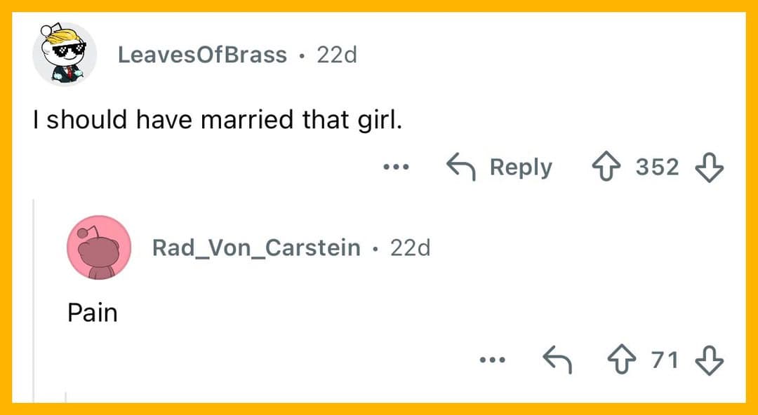 Comment thread about marriage and pain with user icons and reply counts.