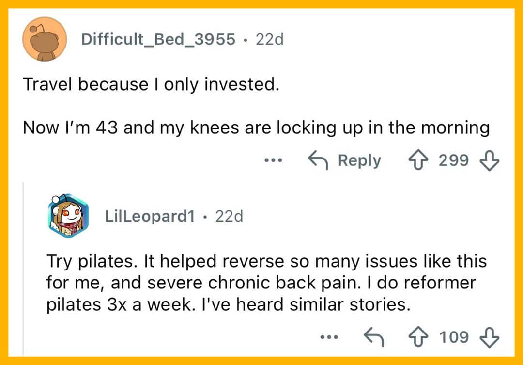 Social media comment thread about health regrets after 40, mentioning knees locking up.