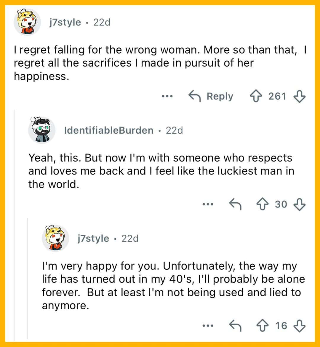 Social media comments about regret, happiness, and honesty after turning 40.