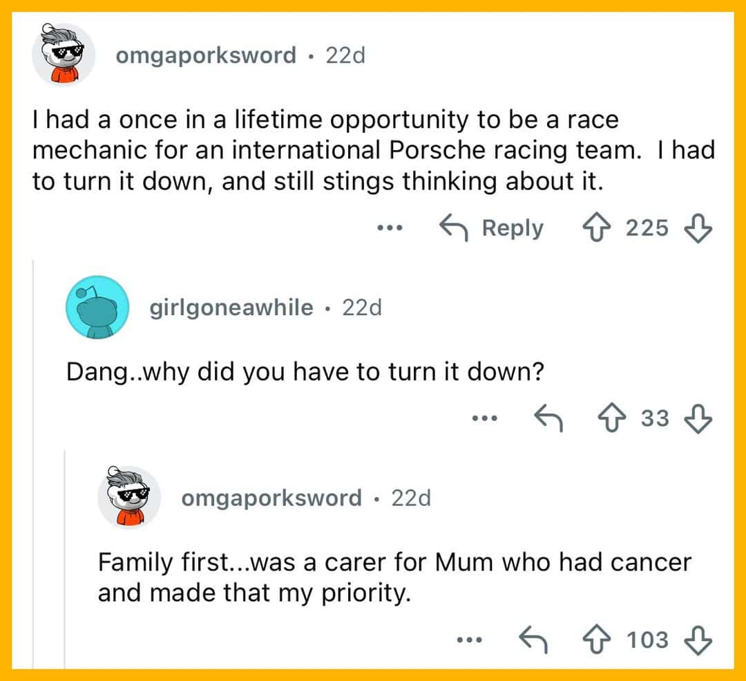 Screenshot of a social media conversation about turning down a race mechanic job for family reasons.
