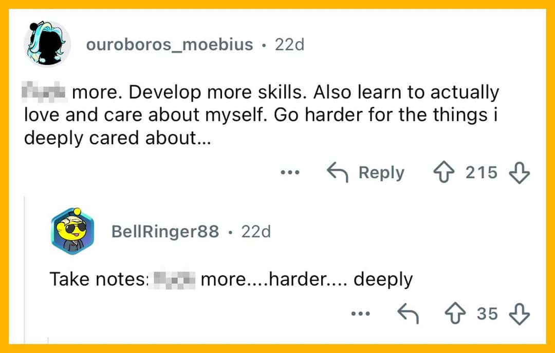 Screenshot of a social media comment discussing self-improvement and caring for oneself.