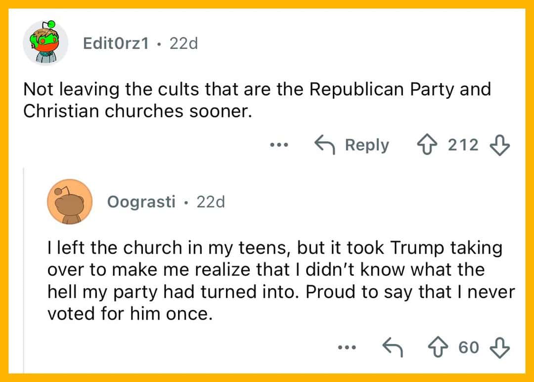 Comments about leaving religious cults and political parties.
